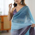 Teal Blue Lavender Organza Saree Designer Gradient Party Wear