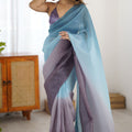 Teal Blue Lavender Organza Saree Designer Gradient Party Wear 