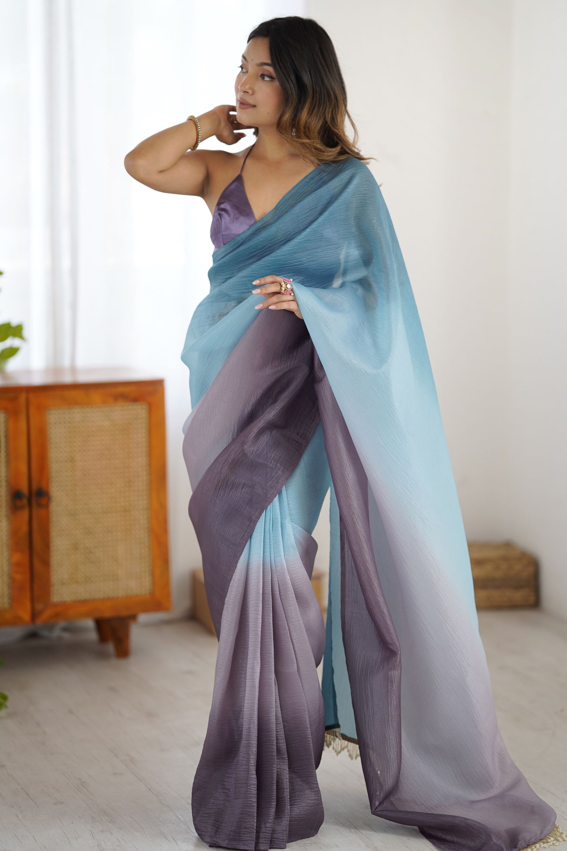 Teal Blue Lavender Organza Saree Designer Gradient Party Wear 