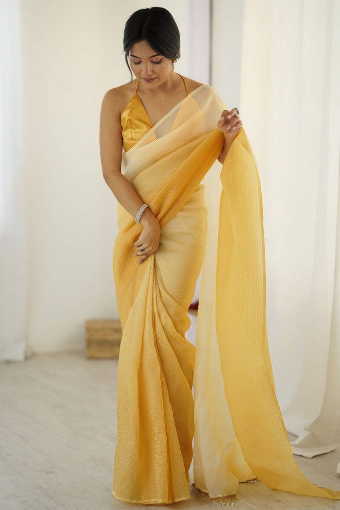 Yellow Ombre Organza Saree Gradient Designer Party Wear 
