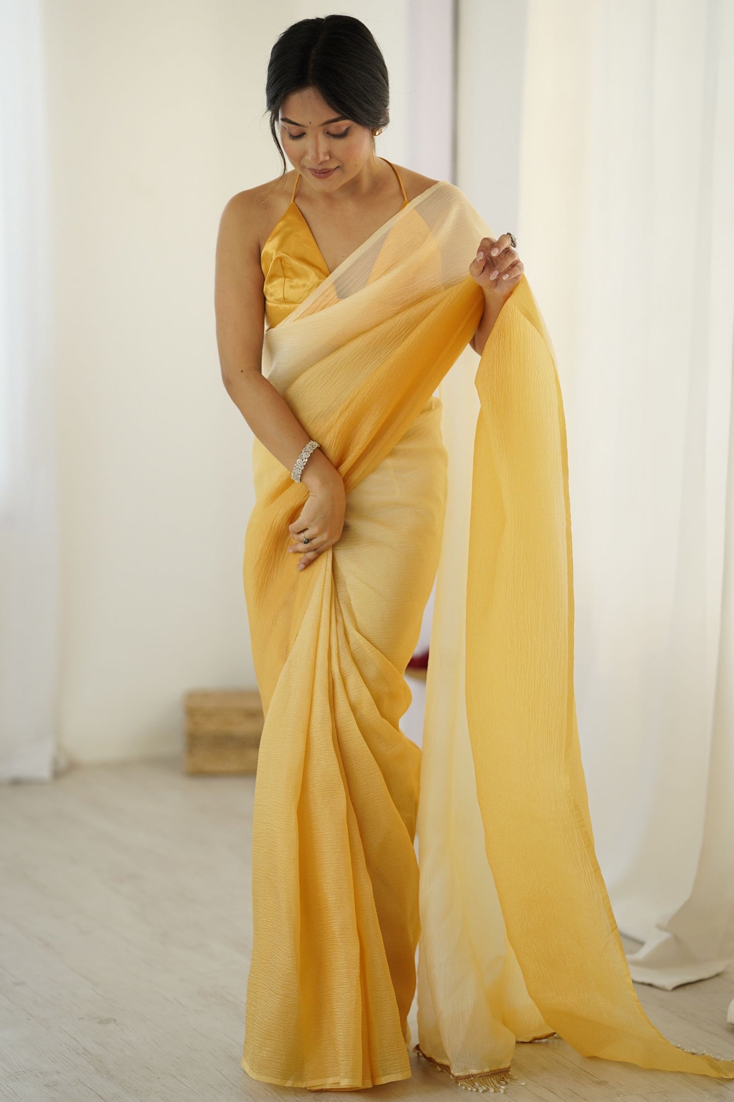 Yellow Ombre Organza Saree Gradient Designer Party Wear 