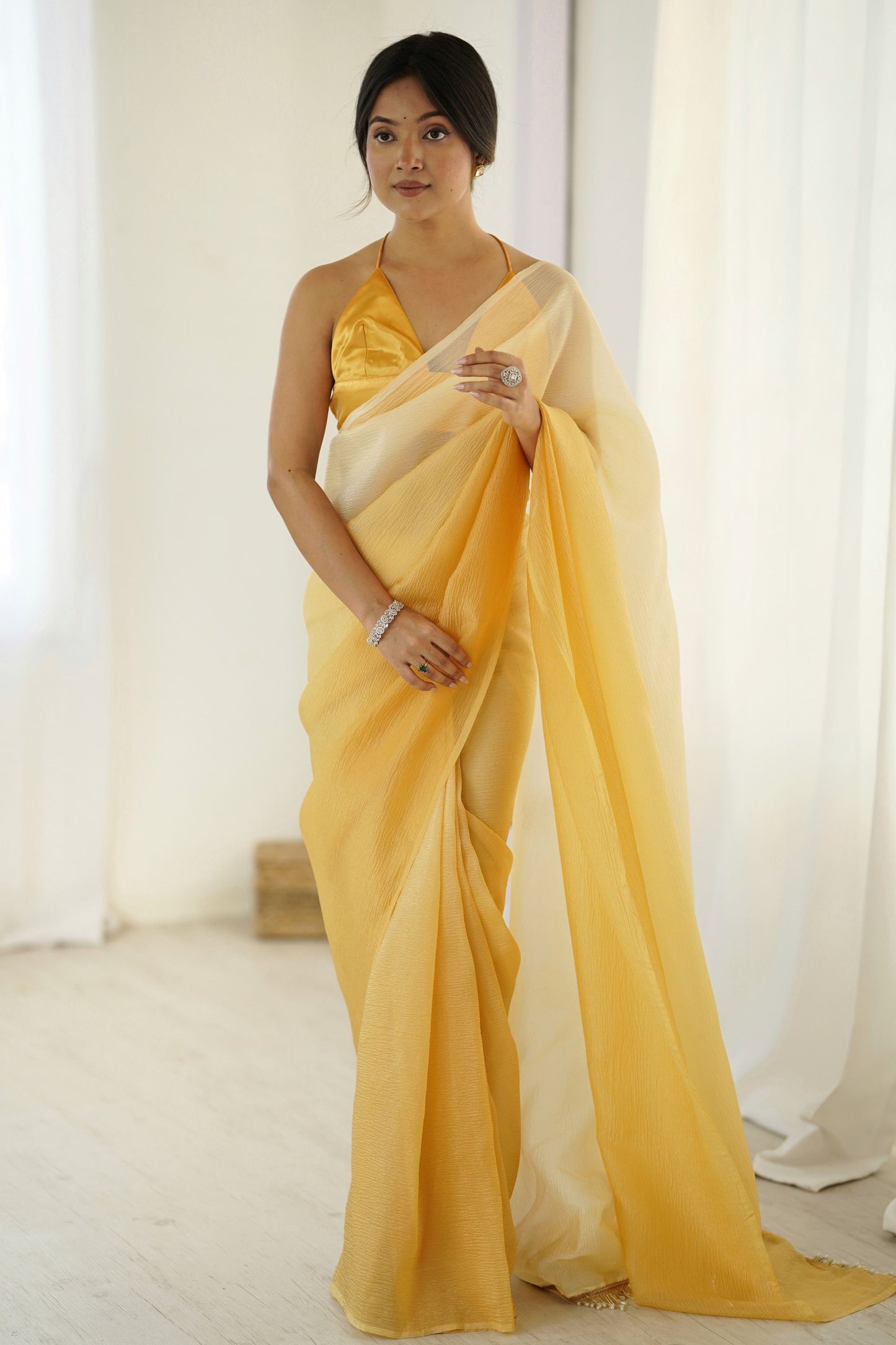 Yellow Ombre Organza Saree Gradient Designer Party Wear