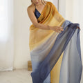 Mustard Yellow Navy Blue Ombre Organza Saree Party Wear