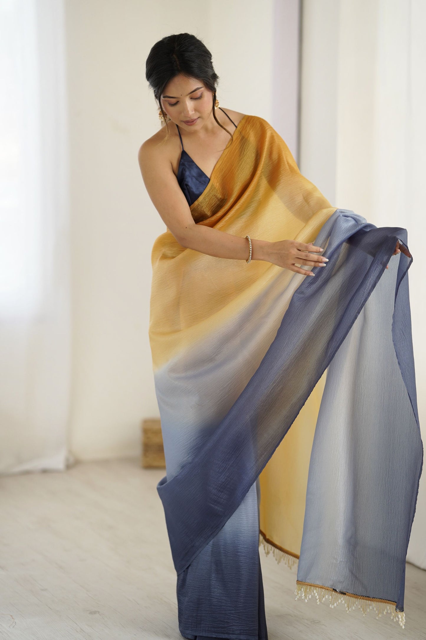 Mustard Yellow Navy Blue Ombre Organza Saree Party Wear
