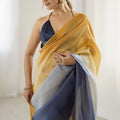Mustard Yellow Navy Blue Ombre Organza Saree Party Wear