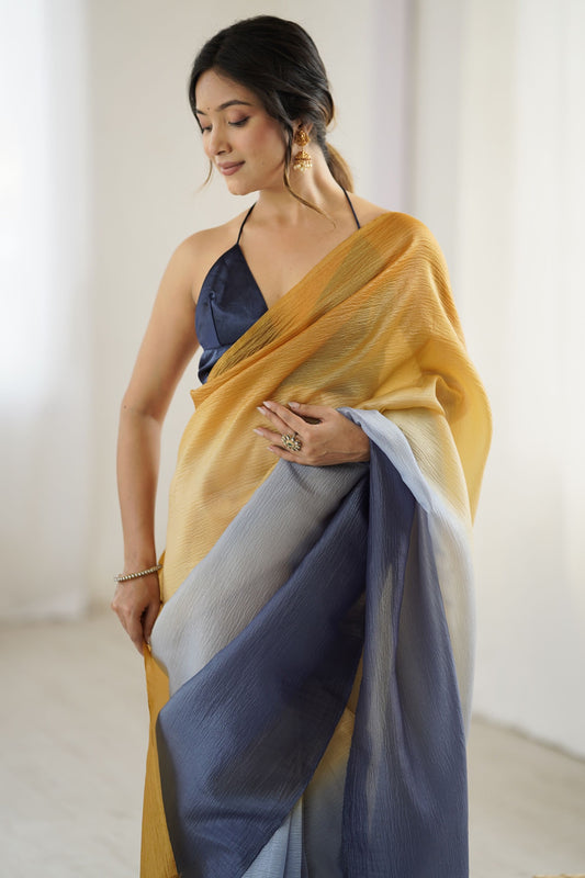 Mustard Yellow Navy Blue Ombre Organza Saree Party Wear