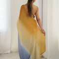 Mustard Yellow Navy Blue Ombre Organza Saree Party Wear