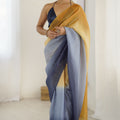 Mustard Yellow Navy Blue Ombre Organza Saree Party Wear 