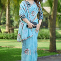 Sky Blue Organza Saree with Floral Embroidery Designer Border 