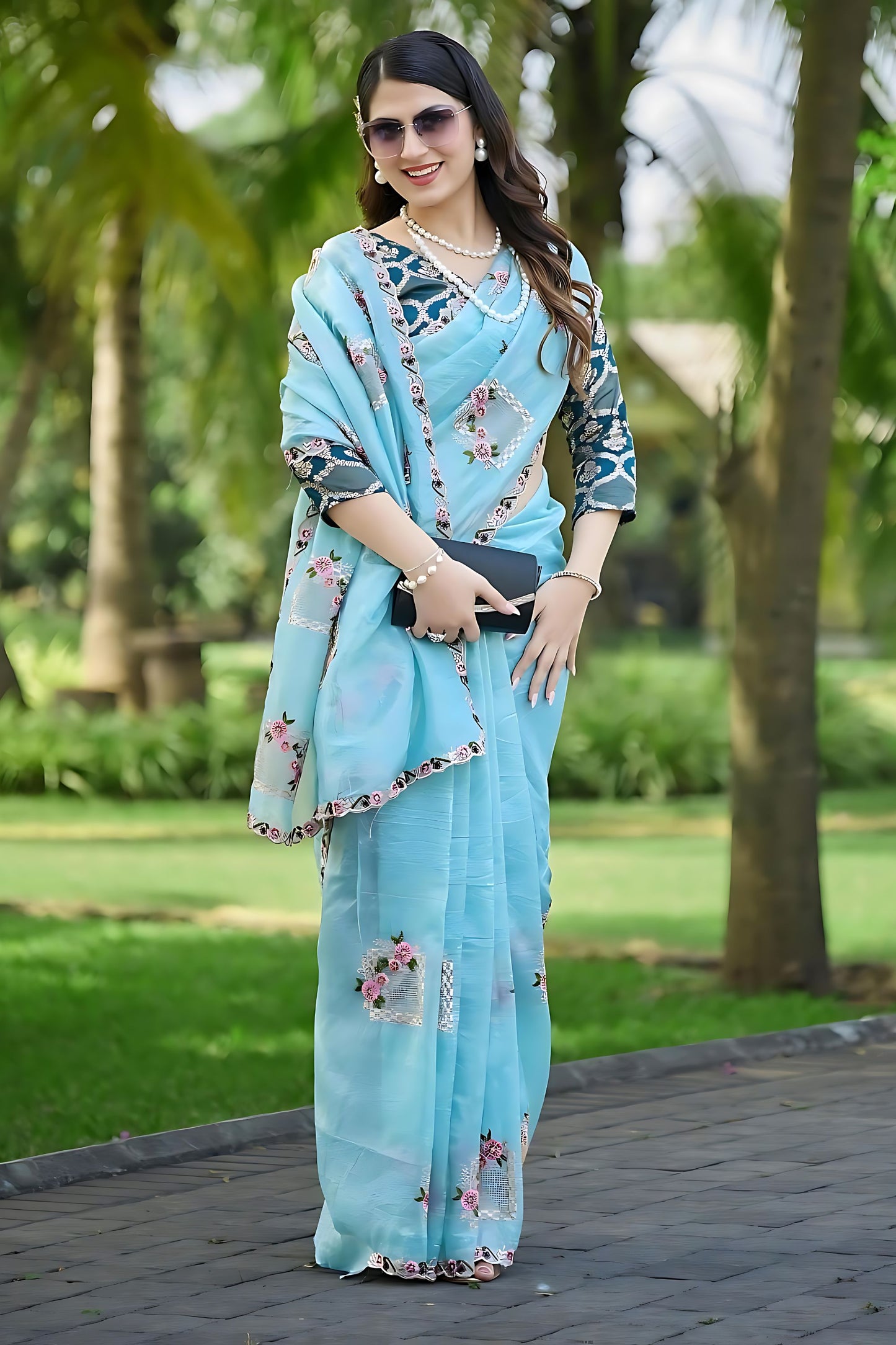 Sky Blue Organza Saree with Floral Embroidery Designer Border 