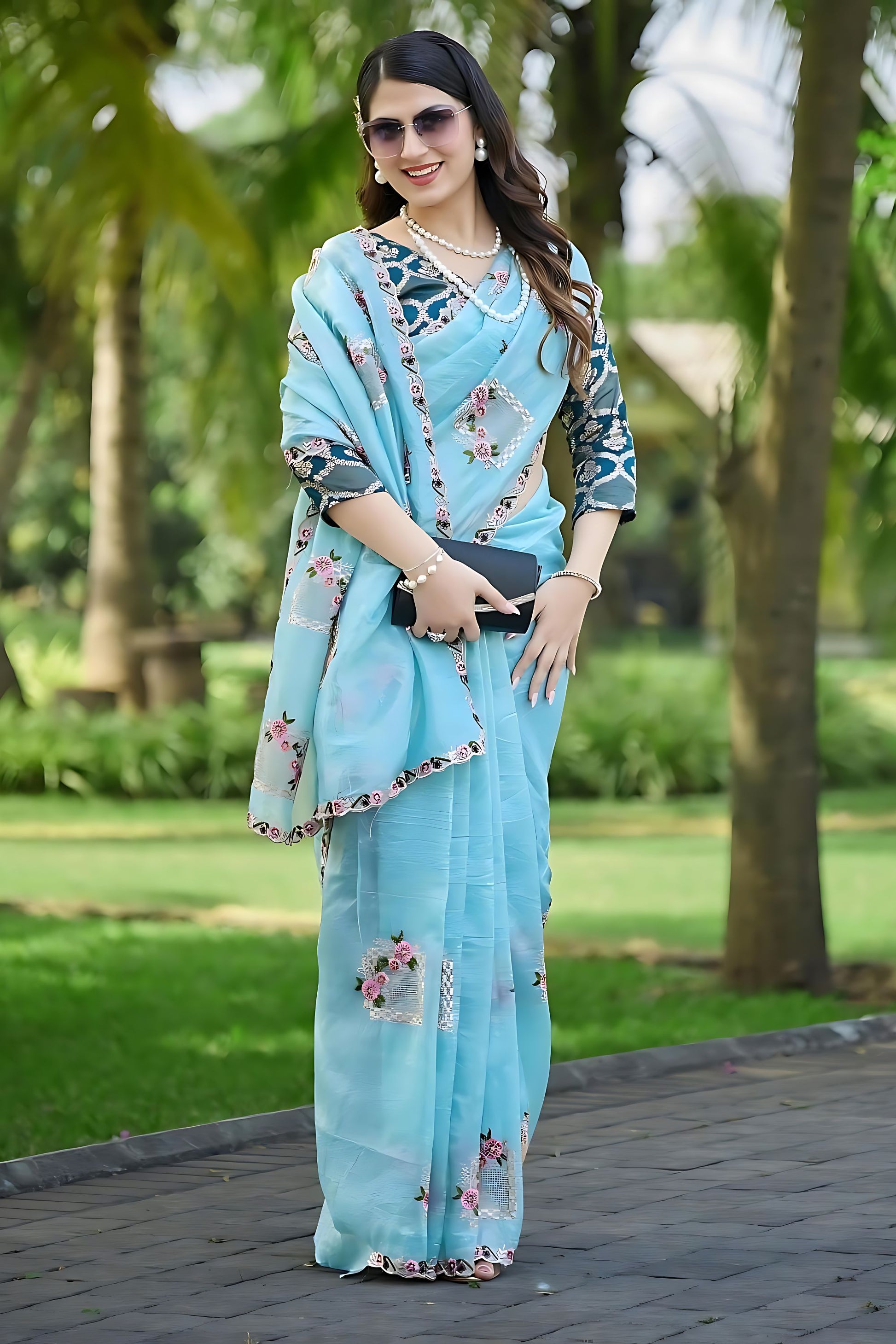 Sky Blue Organza Saree with Floral Embroidery Designer Border 
