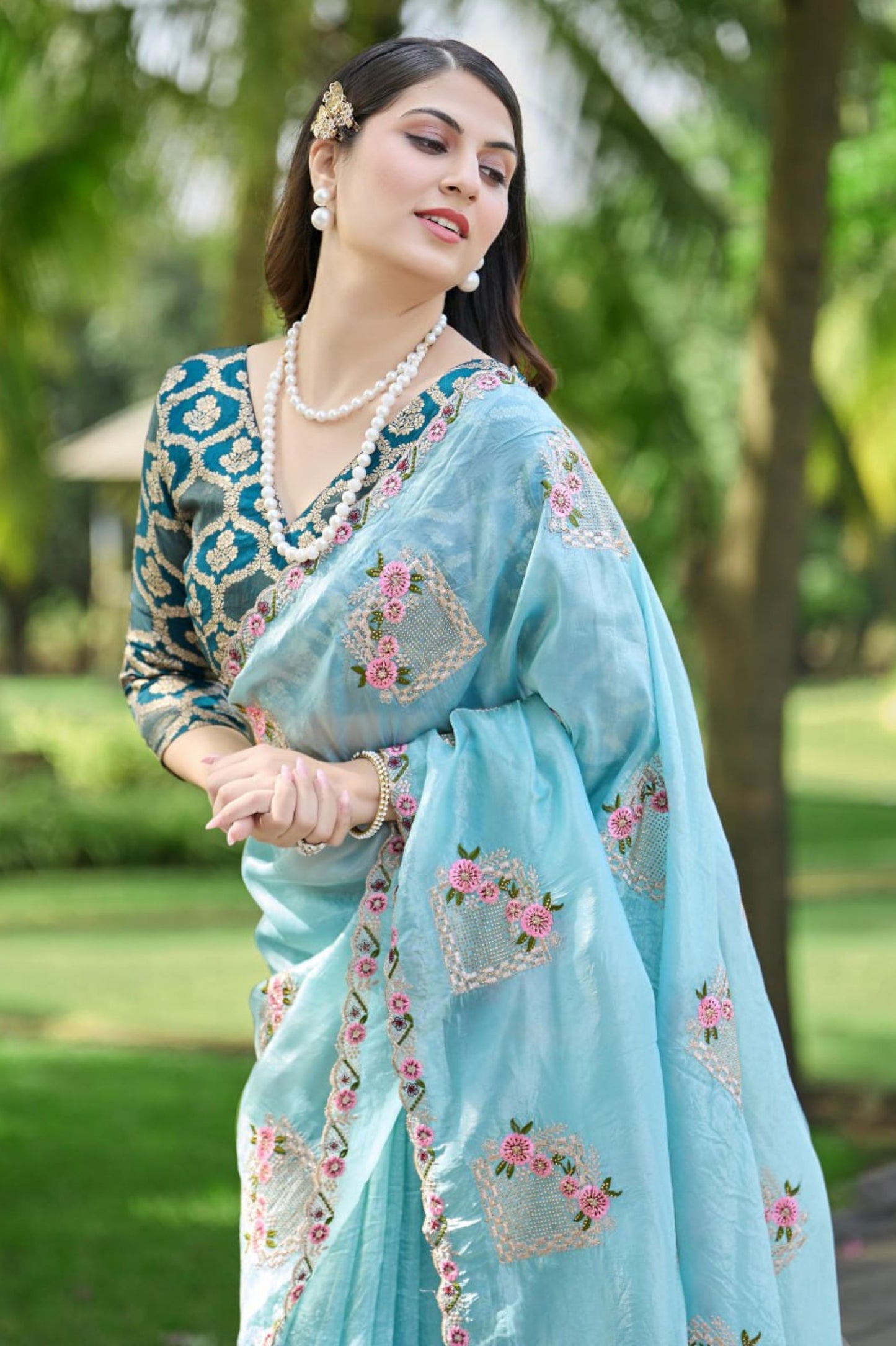 Sky Blue Organza Saree with Floral Embroidery Designer Border