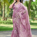 Dusty Pink Organza Saree with Floral Embroidery Elegant Border 