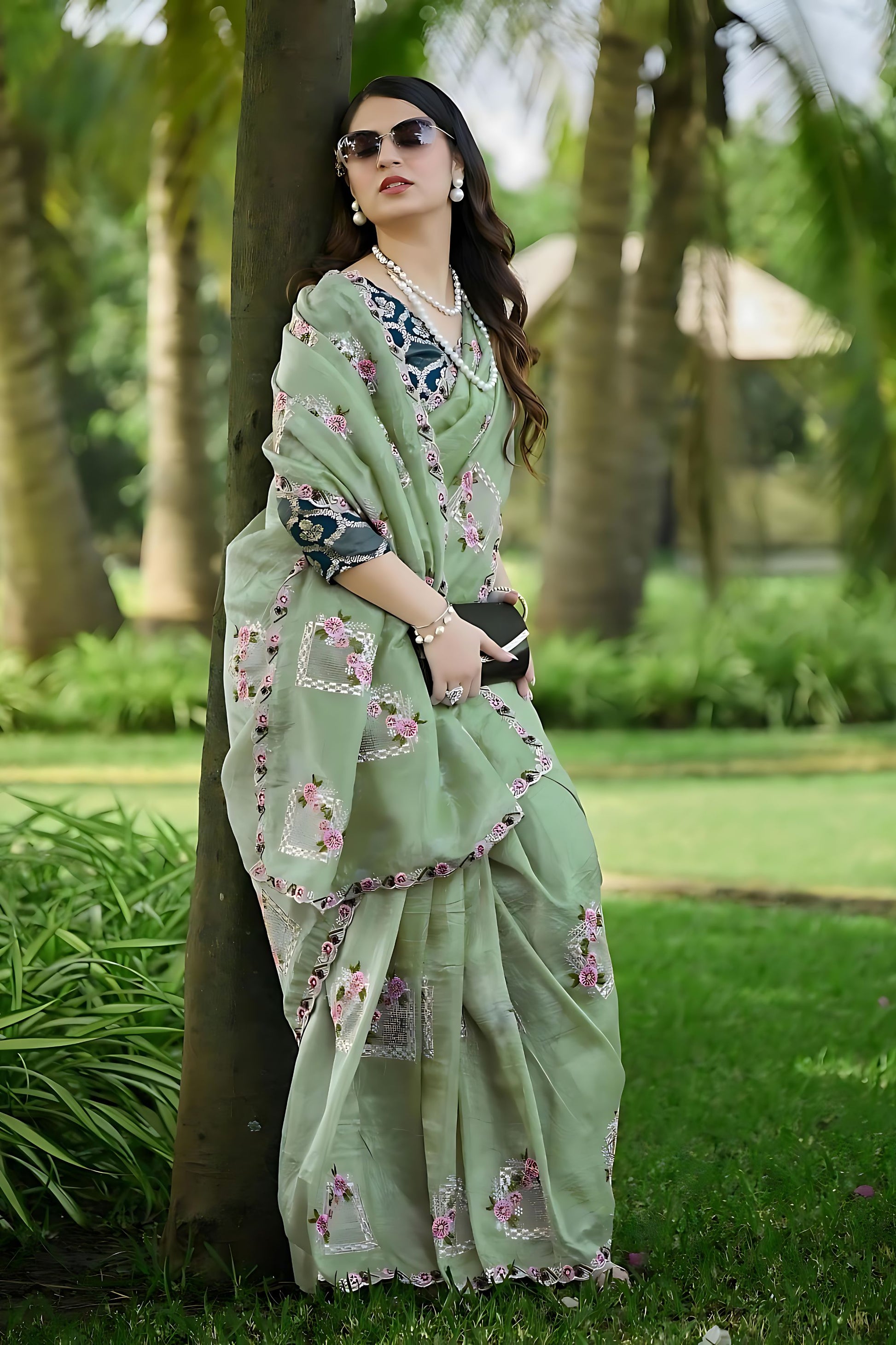 Pastel Green Organza Saree with Floral Embroidery Designer Border