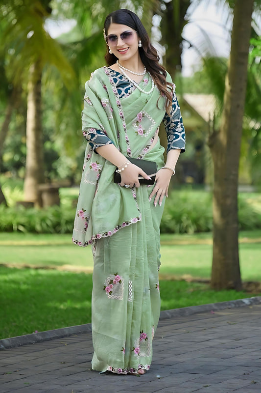 Pastel Green Organza Saree with Floral Embroidery Designer Border