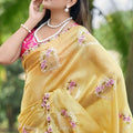 Mustard Yellow Organza Saree with Floral Embroidery Designer Border