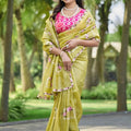 Olive Green Organza Saree with Floral Embroidery Designer Border 