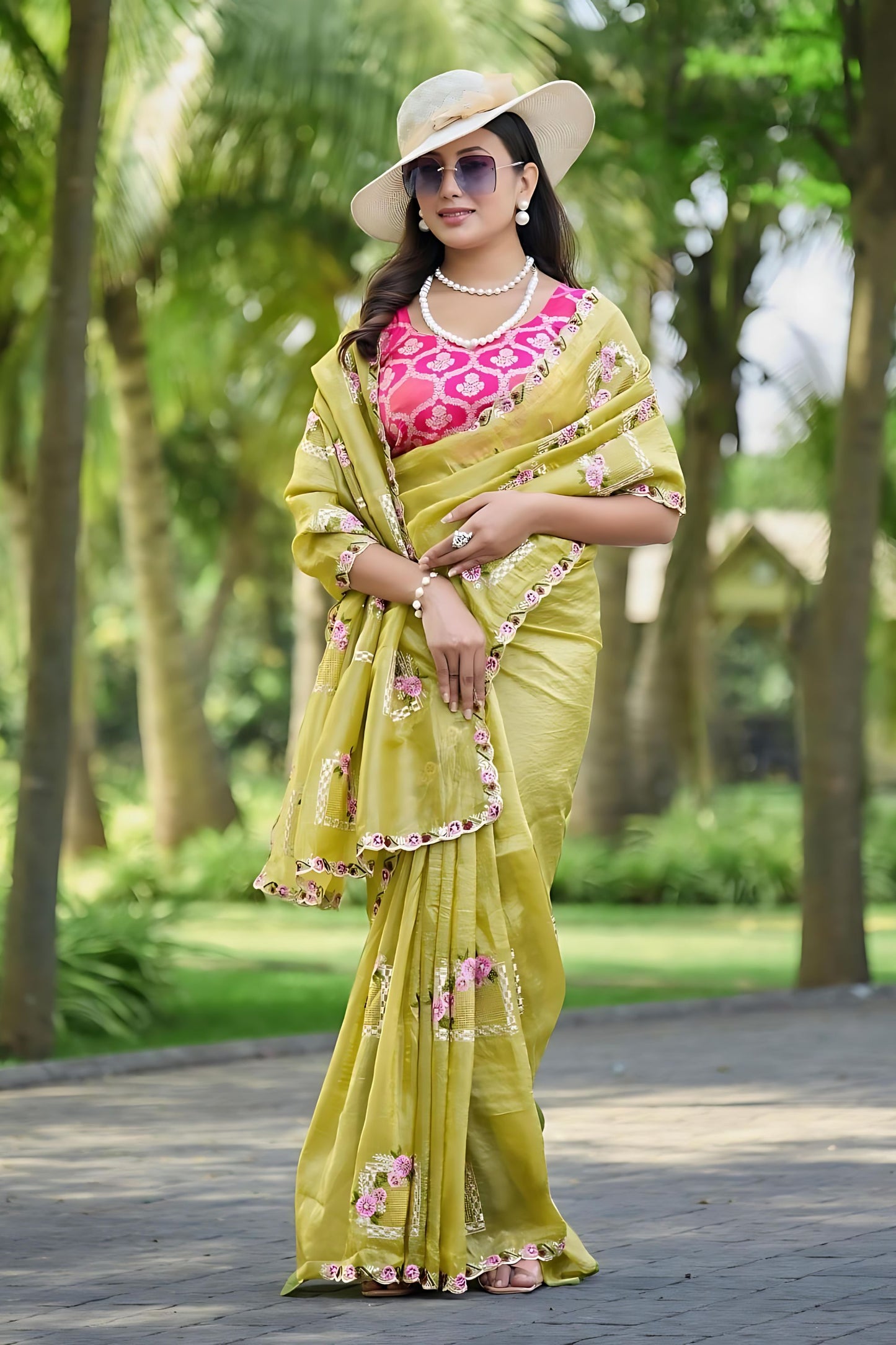 Olive Green Organza Saree with Floral Embroidery Designer Border 