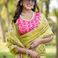 Olive Green Organza Saree with Floral Embroidery Designer Border