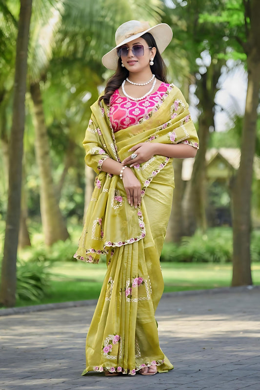 Olive Green Organza Saree with Floral Embroidery Designer Border 