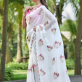  White Floral Embroidered Saree Soft Saree Pink Thread Work Border 