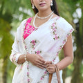 White Floral Embroidered Saree Soft Saree Pink Thread Work Border