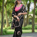  Black Floral Embroidered Saree Pink Designer Blouse Elegant Border Work