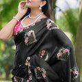Black Floral Embroidered Saree Pink Designer Blouse Elegant Border Work