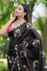 Black Floral Embroidered Saree Pink Designer Blouse Elegant Border Work