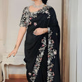 Black Embroidered Saree with Floral Thread Designer Blouse 