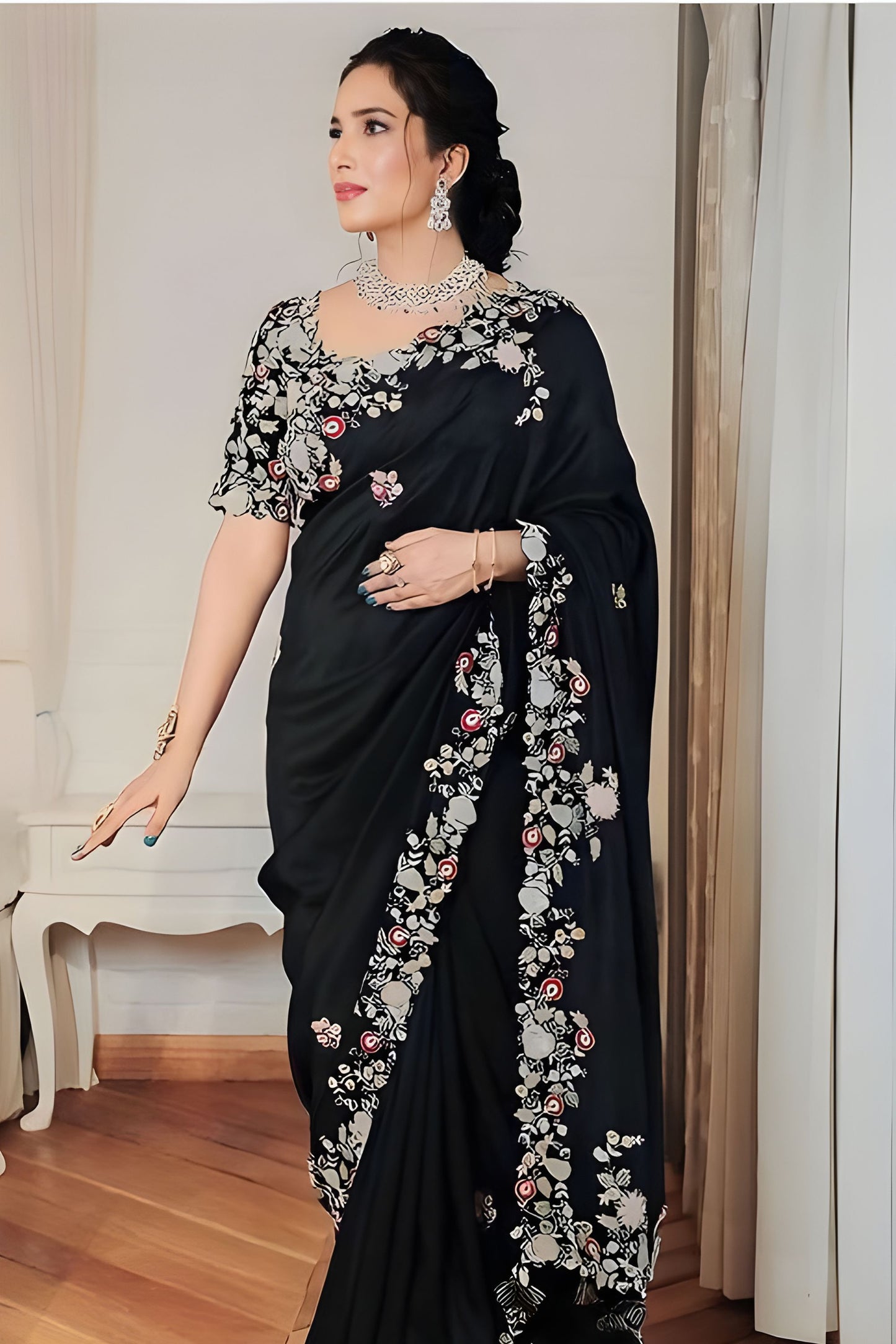 Black Embroidered Saree with Floral Thread Designer Blouse 