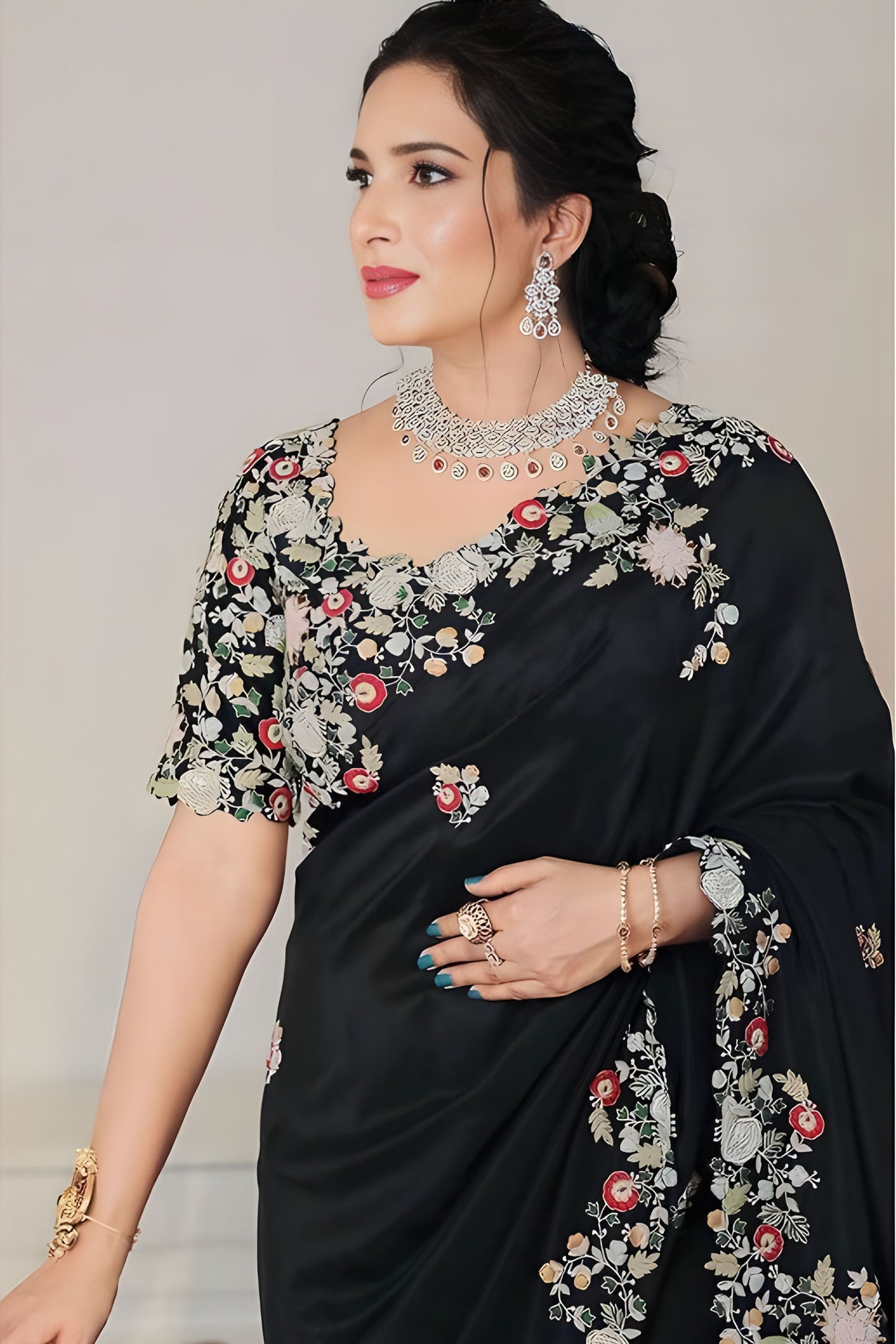 Black Embroidered Saree with Floral Thread Designer Blouse