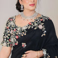 Black Embroidered Saree with Floral Thread Designer Blouse