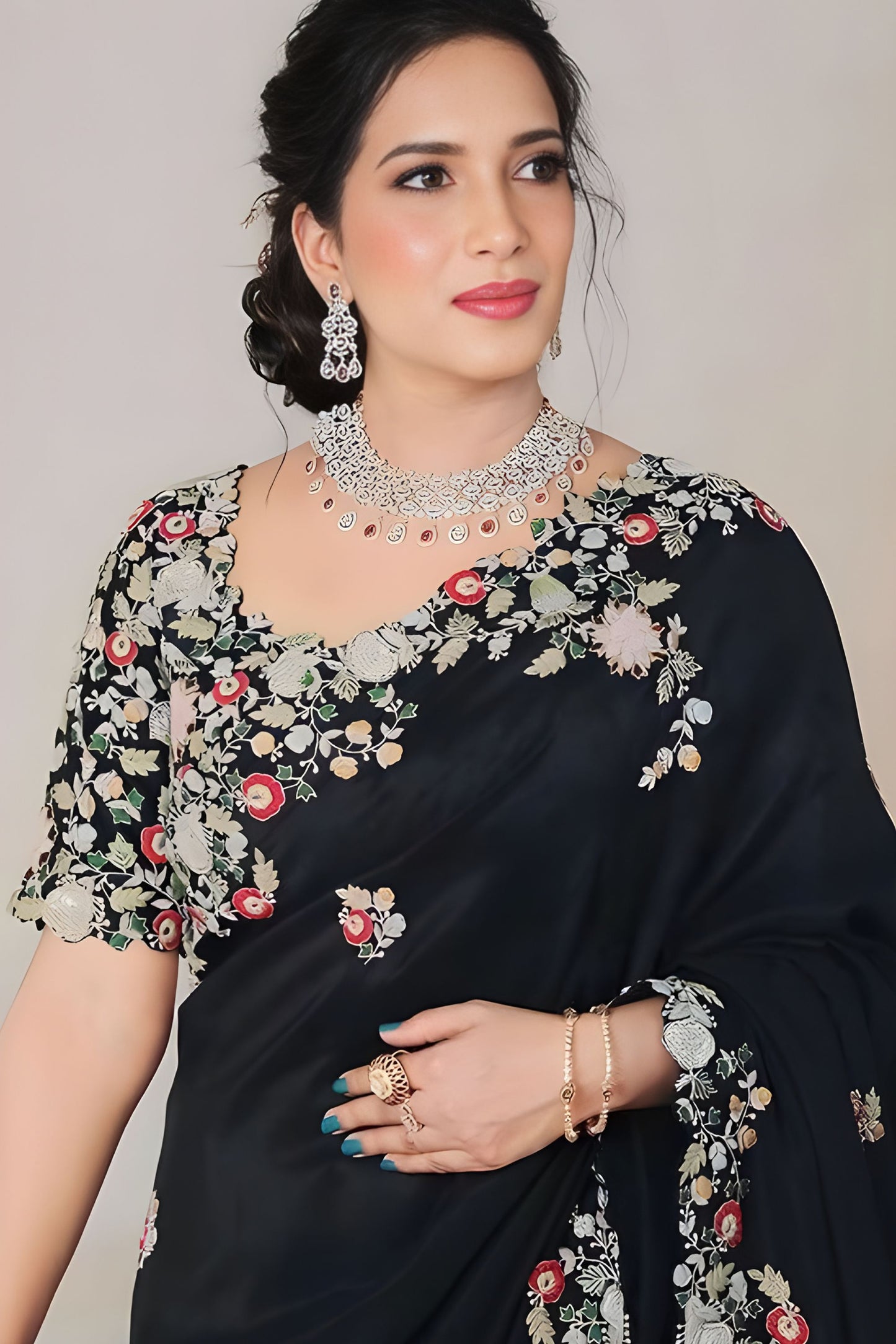 Black Embroidered Saree with Floral Thread Designer Blouse