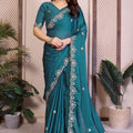 Teal Green Satin Silk Saree Heavy Floral Embroidered Border Designer Blouse