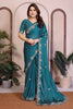 Teal Green Satin Silk Saree Heavy Floral Embroidered Border Designer Blouse