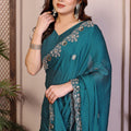 Teal Green Satin Silk Saree Heavy Floral Embroidered Border Designer Blouse