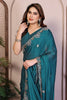 Teal Green Satin Silk Saree Heavy Floral Embroidered Border Designer Blouse