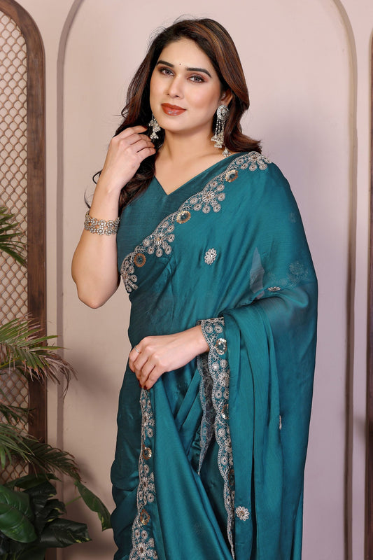 Teal Green Satin Silk Saree Heavy Floral Embroidered Border Designer Blouse
