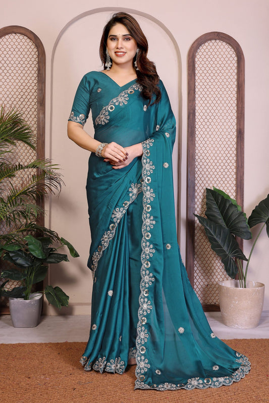 Teal Green Satin Silk Saree Heavy Floral Embroidered Border Designer Blouse