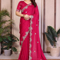 Rani Pink Satin Silk Saree Heavy Floral Embroidered Border Designer Blouse