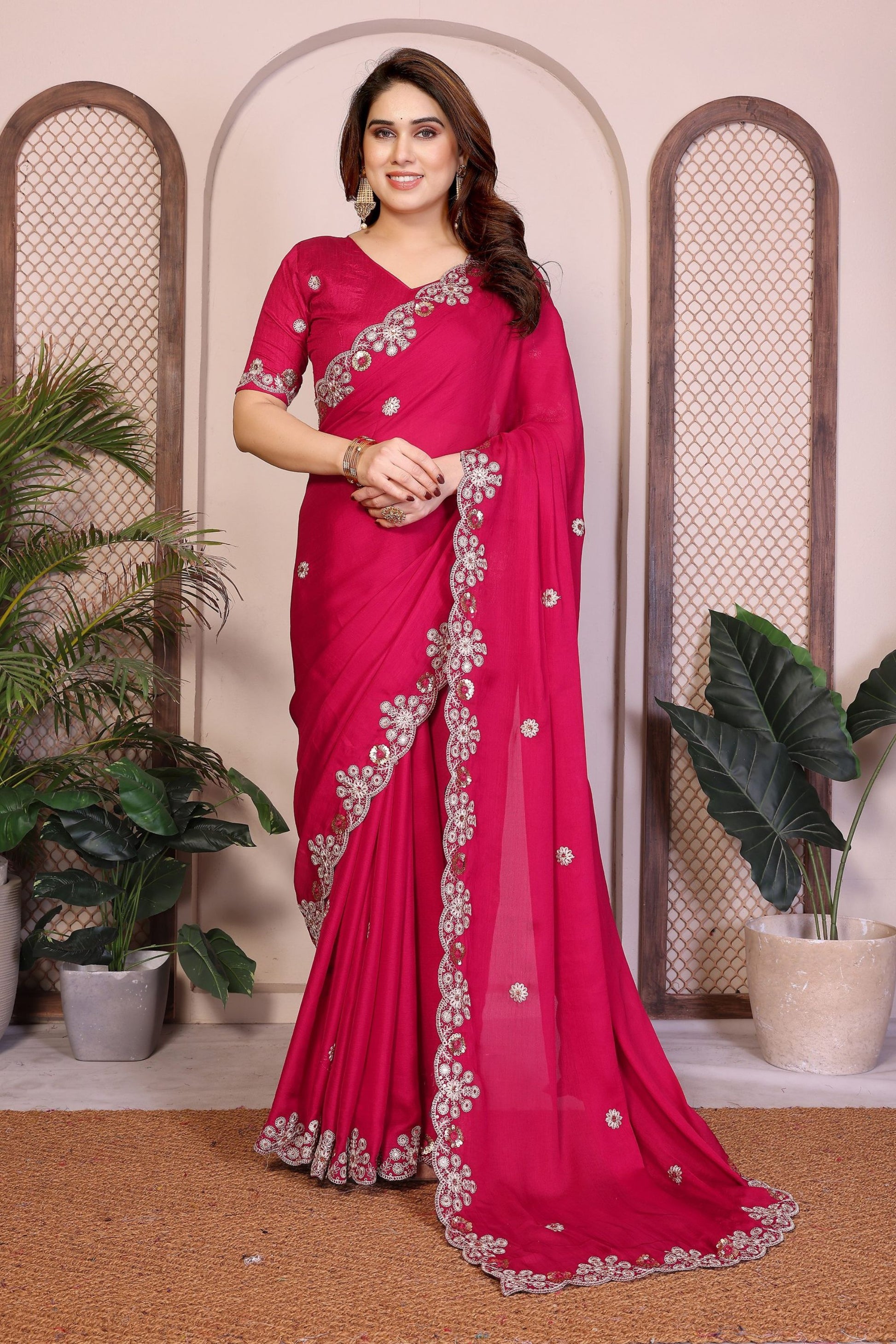 Rani Pink Satin Silk Saree Heavy Floral Embroidered Border Designer Blouse