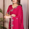 Rani Pink Satin Silk Saree Heavy Floral Embroidered Border Designer Blouse
