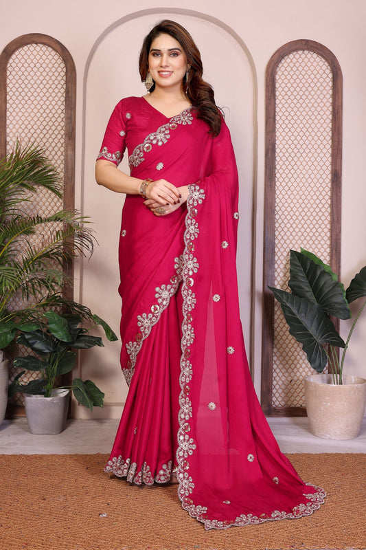 Rani Pink Satin Silk Saree Heavy Floral Embroidered Border Designer Blouse