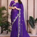 Royal Purple Satin Silk Saree Heavy Floral Embroidered Border Designer Blouse 