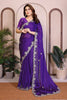 Royal Purple Satin Silk Saree Heavy Floral Embroidered Border Designer Blouse 