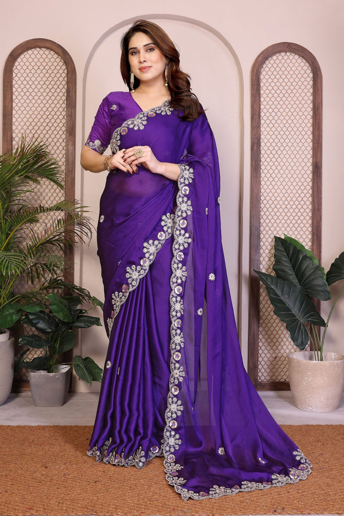 Royal Purple Satin Silk Saree Heavy Floral Embroidered Border Designer Blouse 