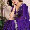 Royal Purple Satin Silk Saree Heavy Floral Embroidered Border Designer Blouse