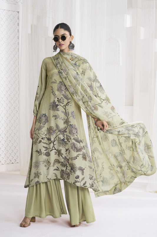 Stylish Pista Green Crepe Digital Printed Salwar Suit with Dupatta for Women