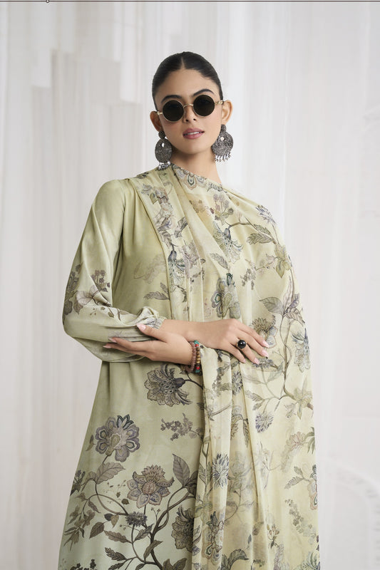 Stylish Pista Green Crepe Digital Printed Salwar Suit with Dupatta for Women
